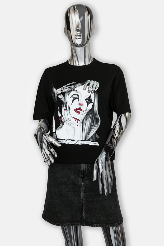 Female mannequin wearing Trapped in the Darkness Pierced Edition on black T-shirt