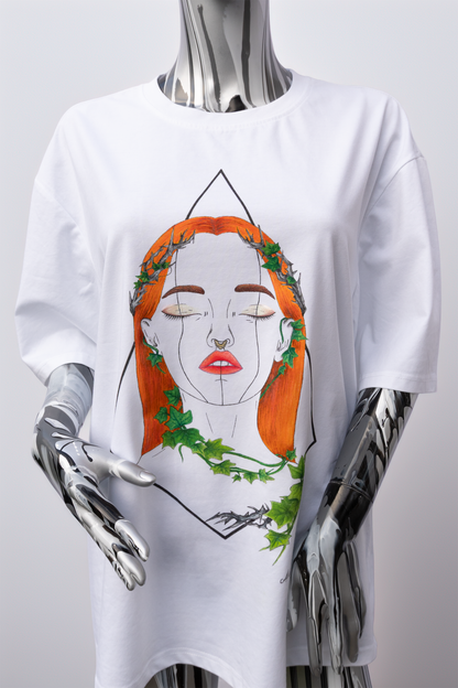 Mannequin wearing a white t-shirt with a graphic design on a plain background. The design is hand painted and shows a girl with round glasses, blue paint dripping and a brush. The mannequin in splashed painted with splash pattern of paint.