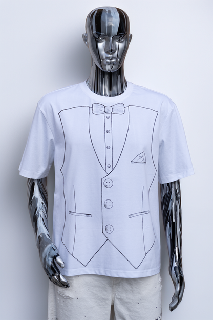 Male Mannequin wearing a white t-shirt with a black outline of a suit design with bow on a plain background