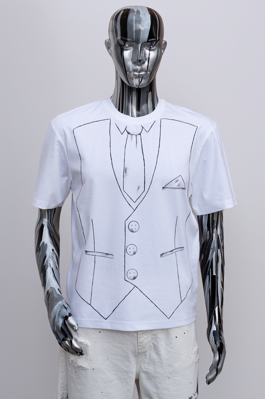 Male Mannequin wearing a white t-shirt with black line drawing of a suit and tie on a plain background