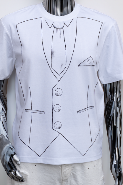 White t-shirt for men with black line drawing of a suit and tie on a white background