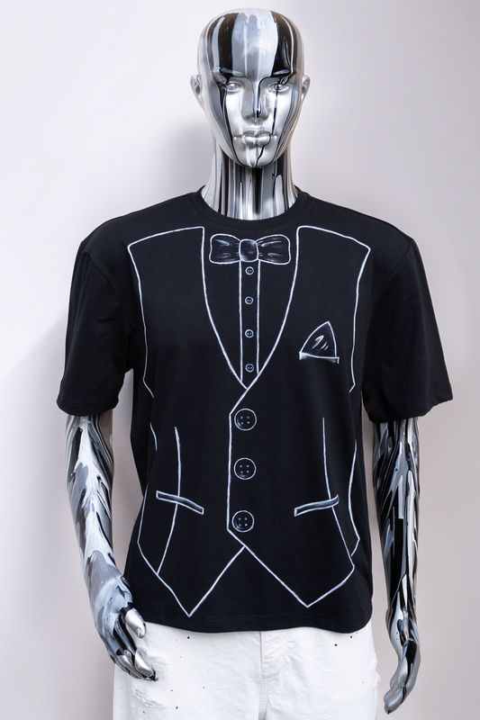 Black t-shirt with white outline of a suit and bow on a silver male mannequin against a white background