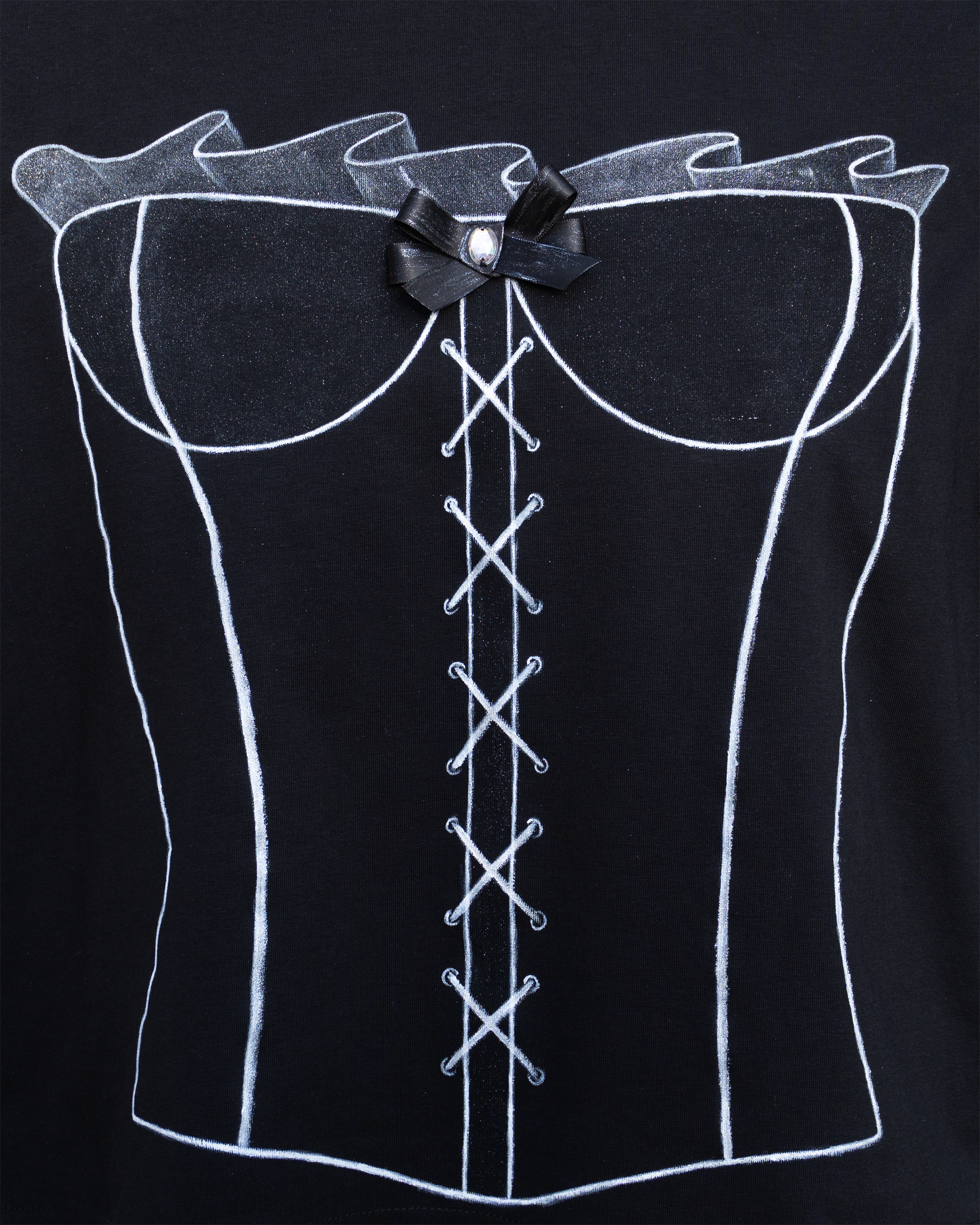 White corset hand painted on a black cotton tshirt for women