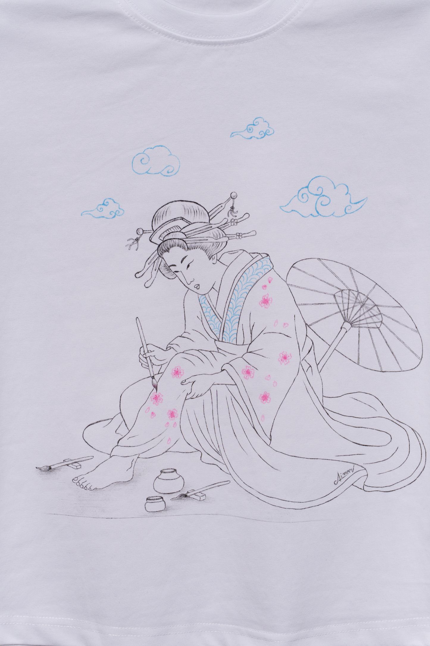 Close up of - White tshirt with hand painted japanese style geisha painting cherry blossom on her kimono, an umbrella behind her and clouds on top. Ukiyo-e style art.