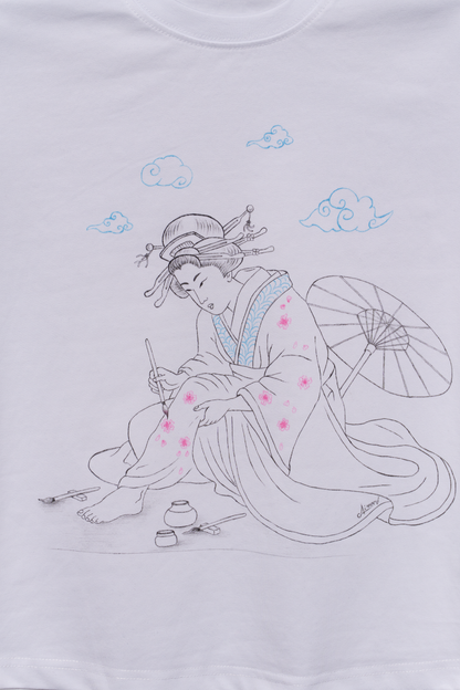Close up of - White tshirt with hand painted japanese style geisha painting cherry blossom on her kimono, an umbrella behind her and clouds on top. Ukiyo-e style art.