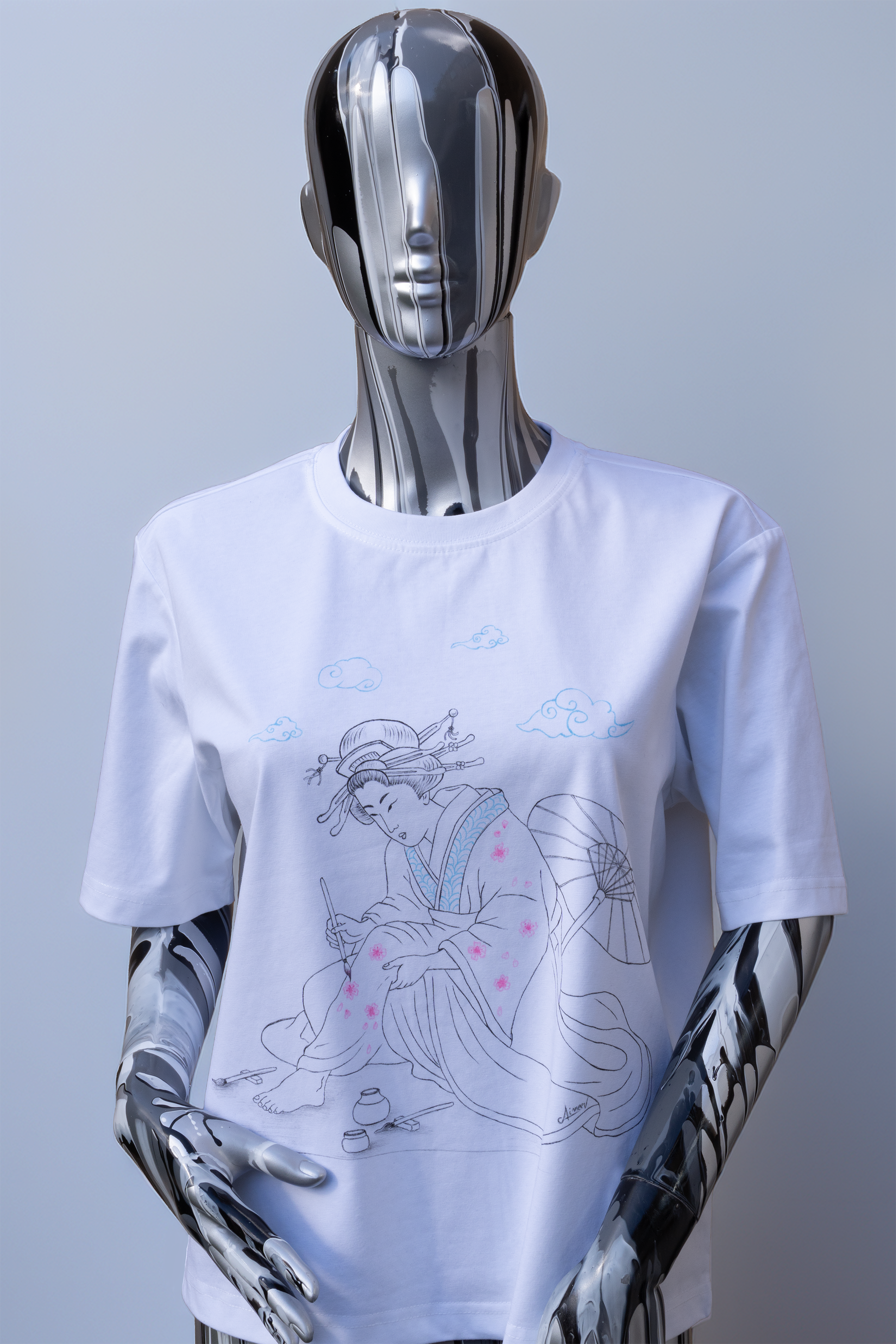 Female mannequin wearing a white tshirt with hand painted japanese style geisha painting cherry blossom on her kimono, an umbrella behind her and clouds on top. Ukiyo-e style art.