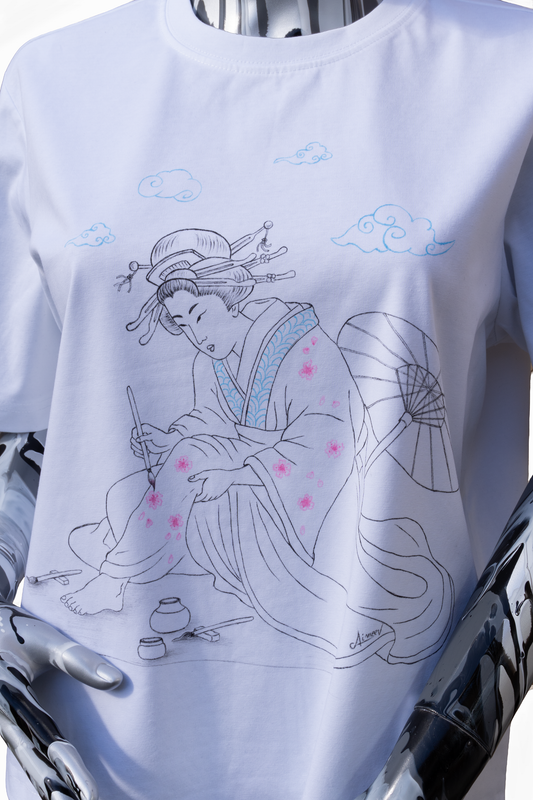 White tshirt with hand painted japanese style geisha painting cherry blossom on her kimono, an umbrella behind her and clouds on top. Ukiyo-e style art.